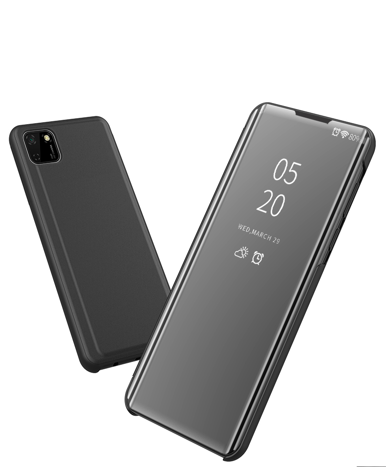 Coperchio in Pelle Della Finestra a Specchio a Specchio Placcato Per Huawei Y5p/onore 9s - Nero