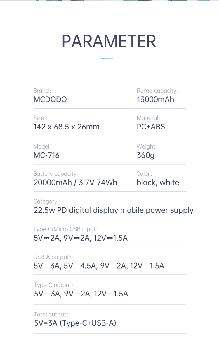 MCDODO MC-716 Digital Display Digital 22,5 w PD Addebitato Rapido Wireless Power Bank 20000mah - Nero