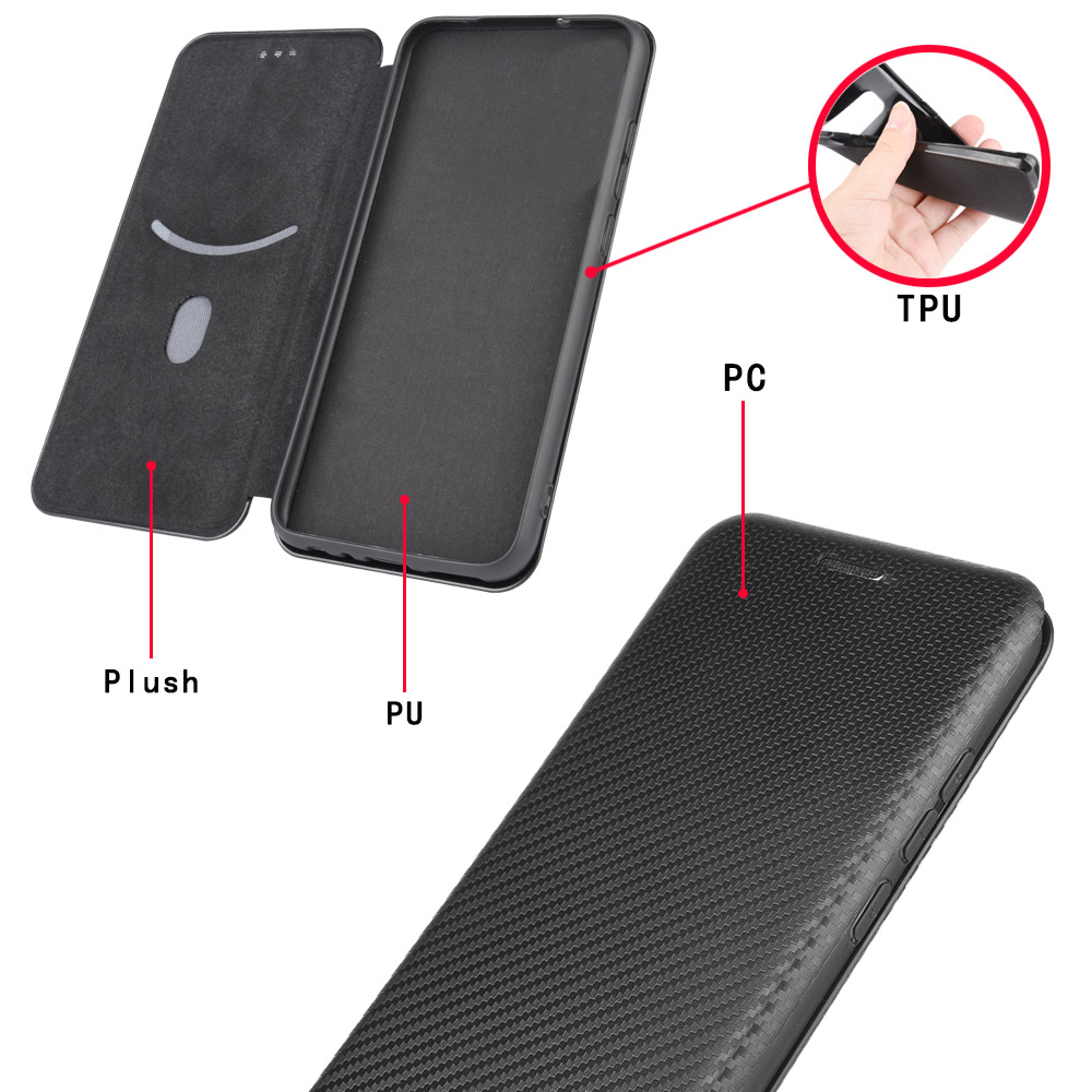 Custodia Per Telefono Cellulare in Pelle in Fibra di Carbonio Assorbito Automatico Per Huawei Y5p - Nero