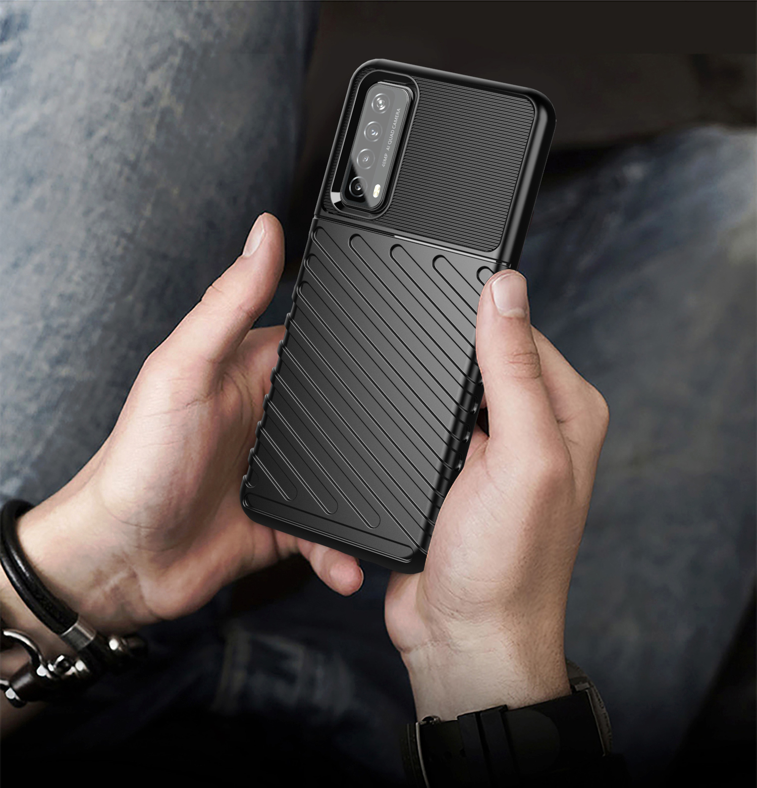 Thunder -serie Twill Grain TPU -cover Für Huawei P Smart 2021/Y7a Fall - Schwarz