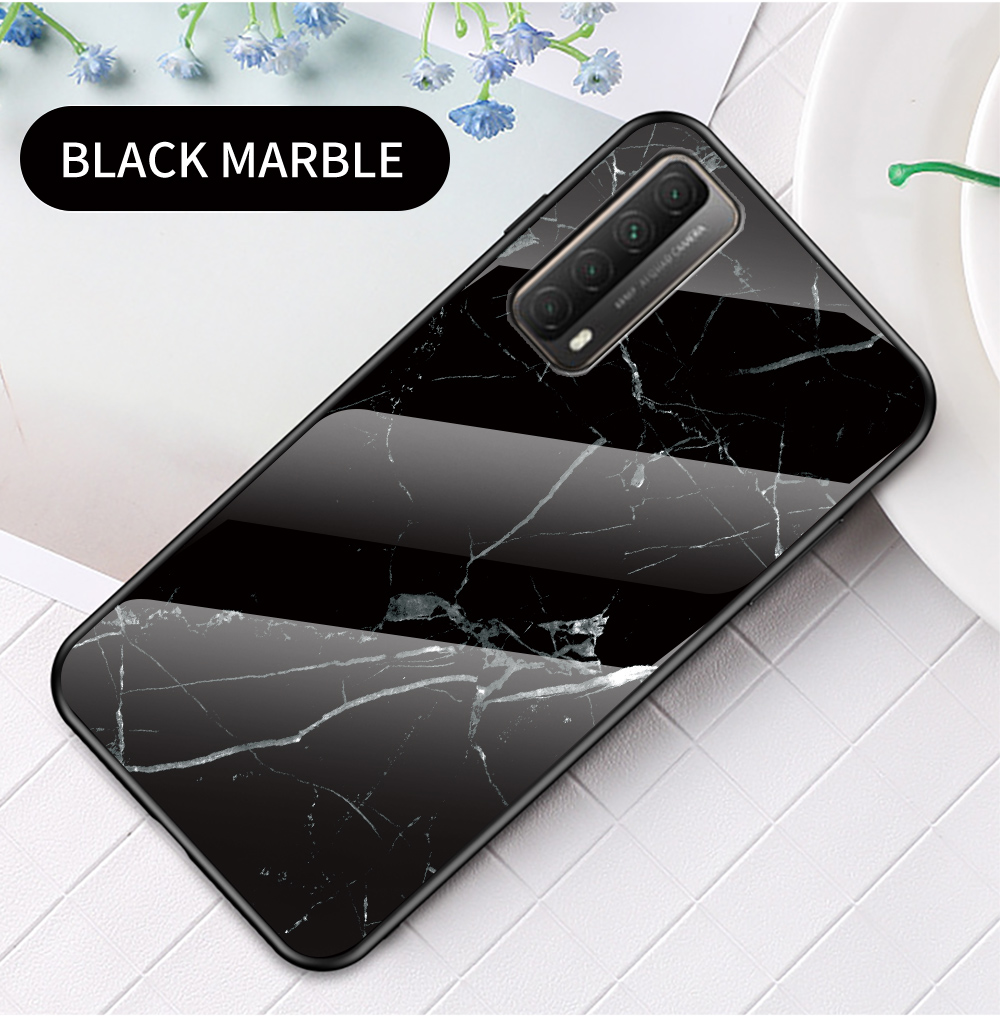 TPU + PC + Couverture Hybride de Téléphone Portable de Marbrage en Verre Trempé Pour Huawei P Smart 2021 / Y7a - Marbre Noir Doré