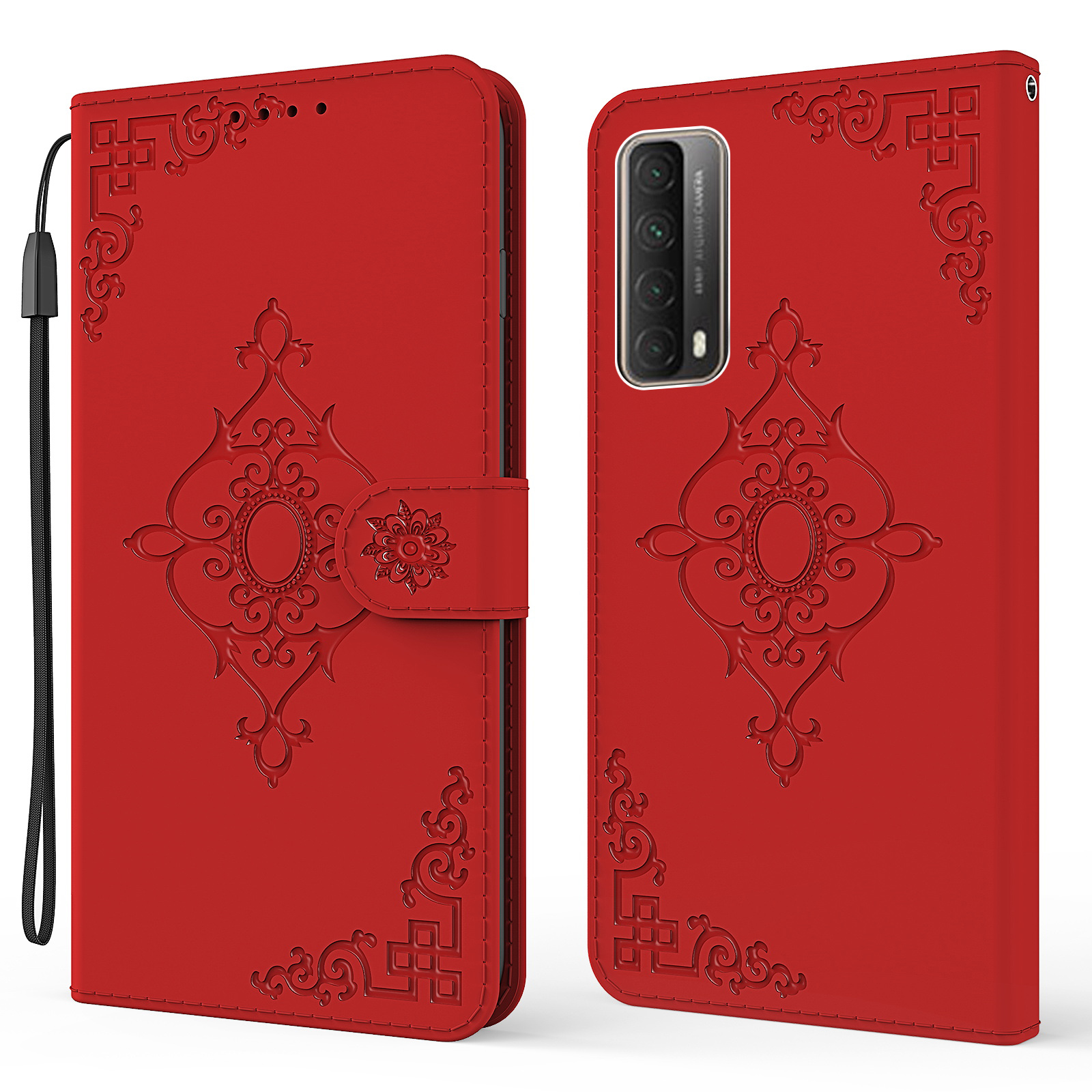 Symmetrical Pattern Imprint Wallet Leather for Huawei P smart 2021/Y7a Phone Stand Case - Red-1