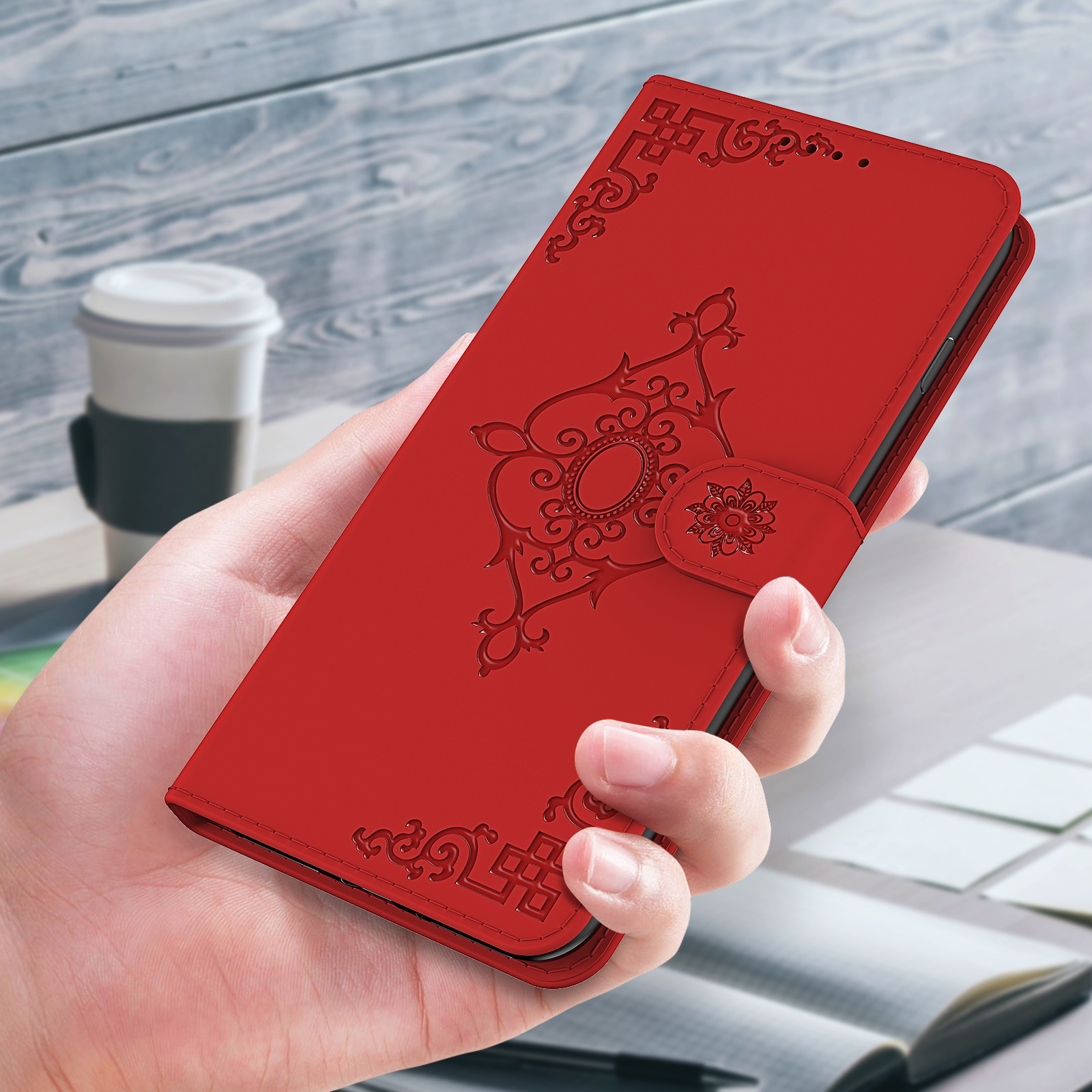 Symmetrical Pattern Imprint Wallet Leather for Huawei P smart 2021/Y7a Phone Stand Case - Red-7