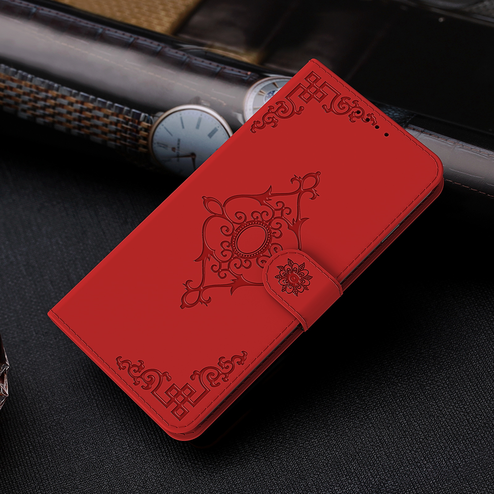 Symmetrical Pattern Imprint Wallet Leather for Huawei P smart 2021/Y7a Phone Stand Case - Red-8