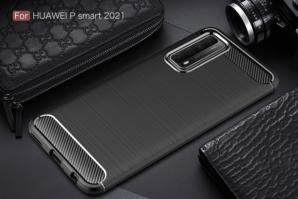 Textura de Fibra de Carbono Escovada TPU Case de Proteção Para Celular Para Huawei P Smart 2021/y7a - Preto