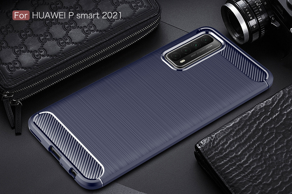 Textura de Fibra de Carbono Escovada TPU Case de Proteção Para Celular Para Huawei P Smart 2021/y7a - Preto