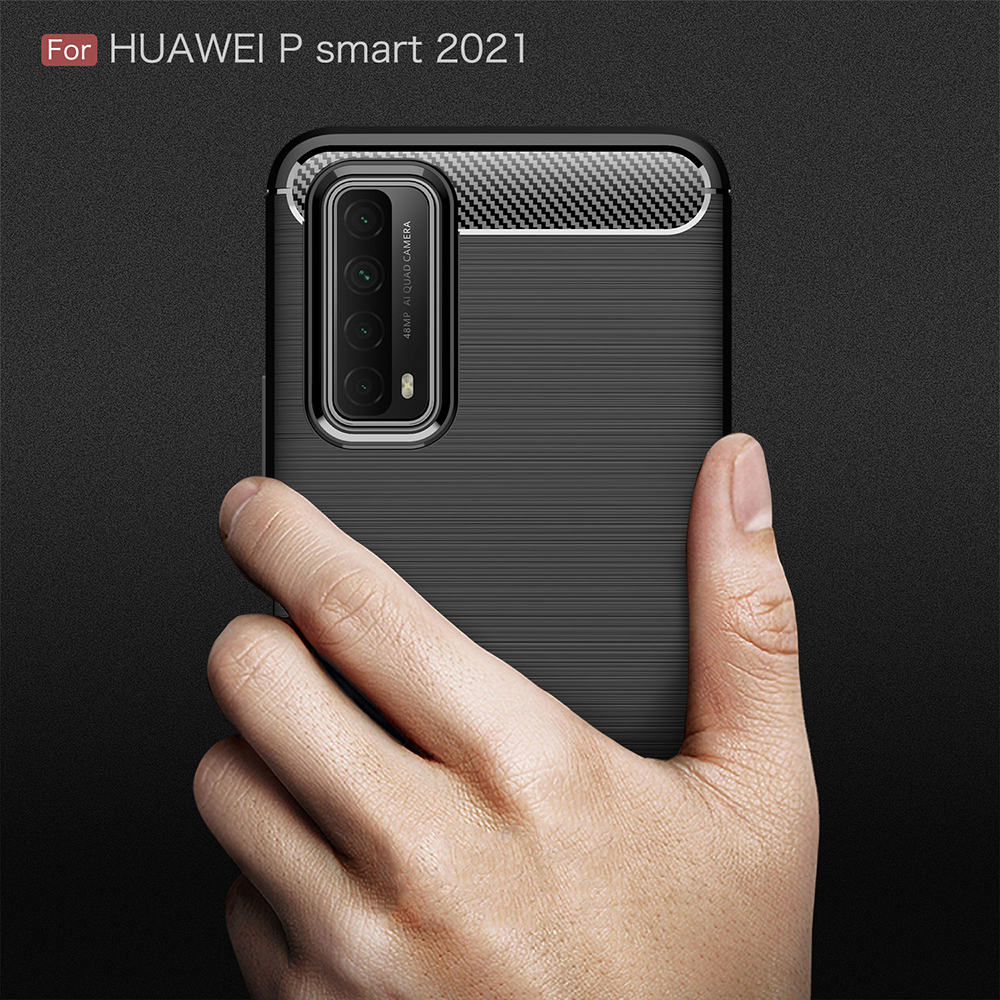 Textura de Fibra de Carbono Escovada TPU Case de Proteção Para Celular Para Huawei P Smart 2021/y7a - Preto