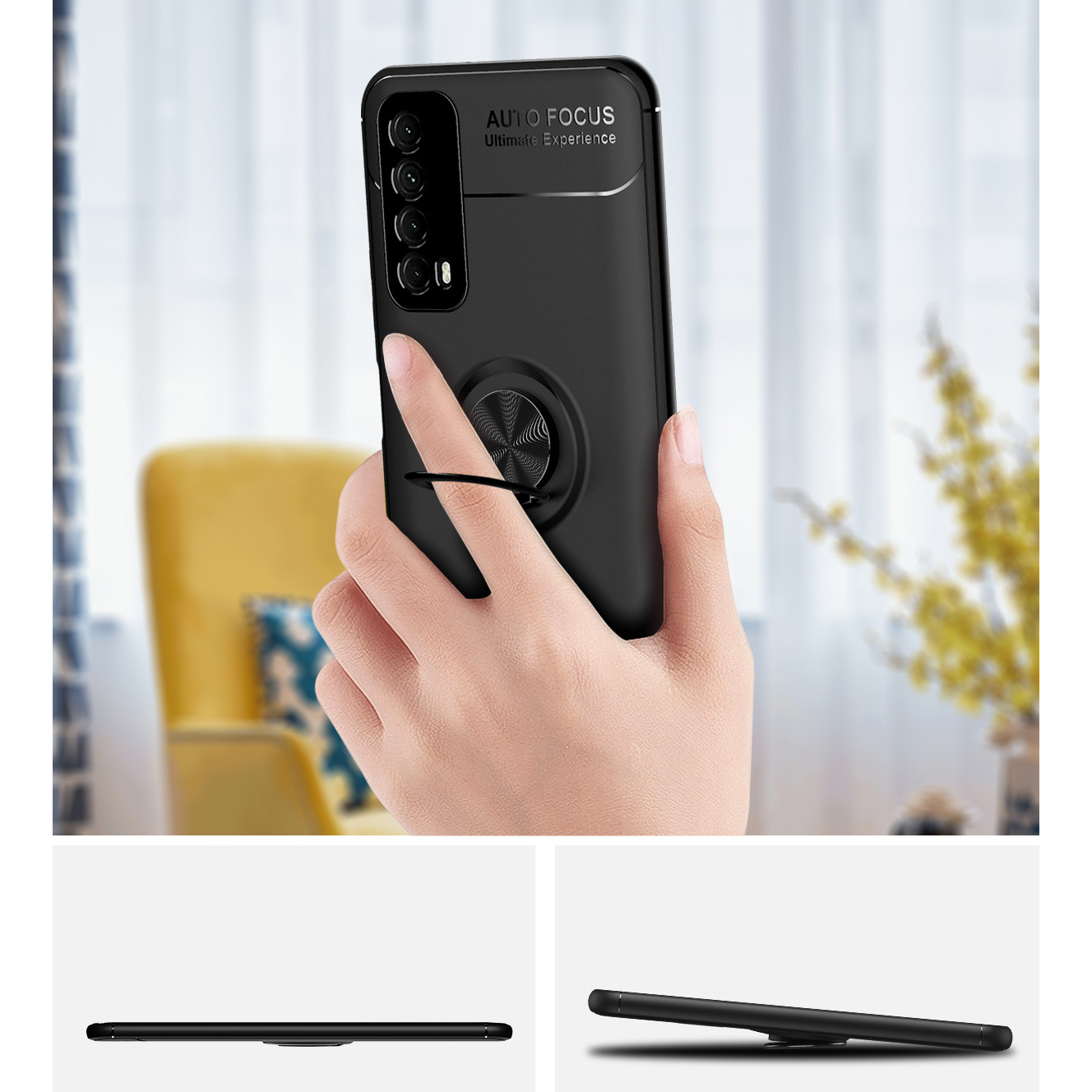 360-grad-metallring-kickstand-tpu-abdeckung Mit Integriertem Magnetblatt Für Huawei P Smart 2021 / Y7a - Schwarz