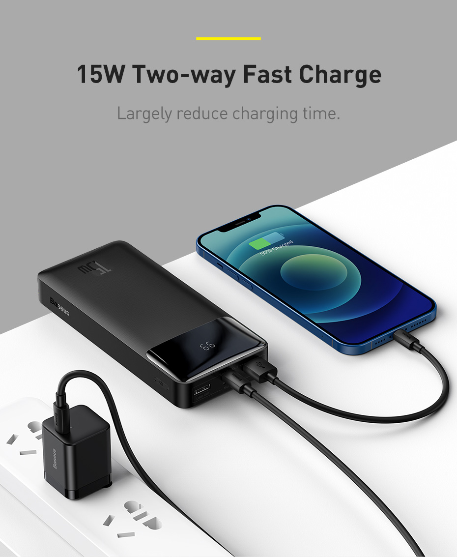 Baseus Bipow Digital Display 2USB+Type-C 15W 20000mAh Black Li-Pol Черный