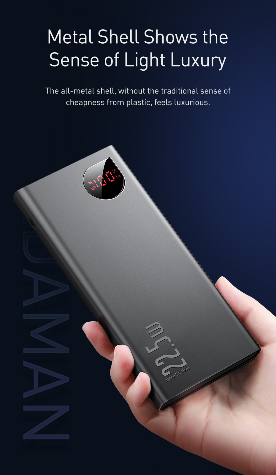 Повербанк металевий 22.5W 10000 mAH Baseus Adaman Metal Powerbank 2xUSB ⁇ 1xType-C Black PPADM10S Li-Pol Черный Металл Универсальная батарея Индикатор уровня заряда Lighting