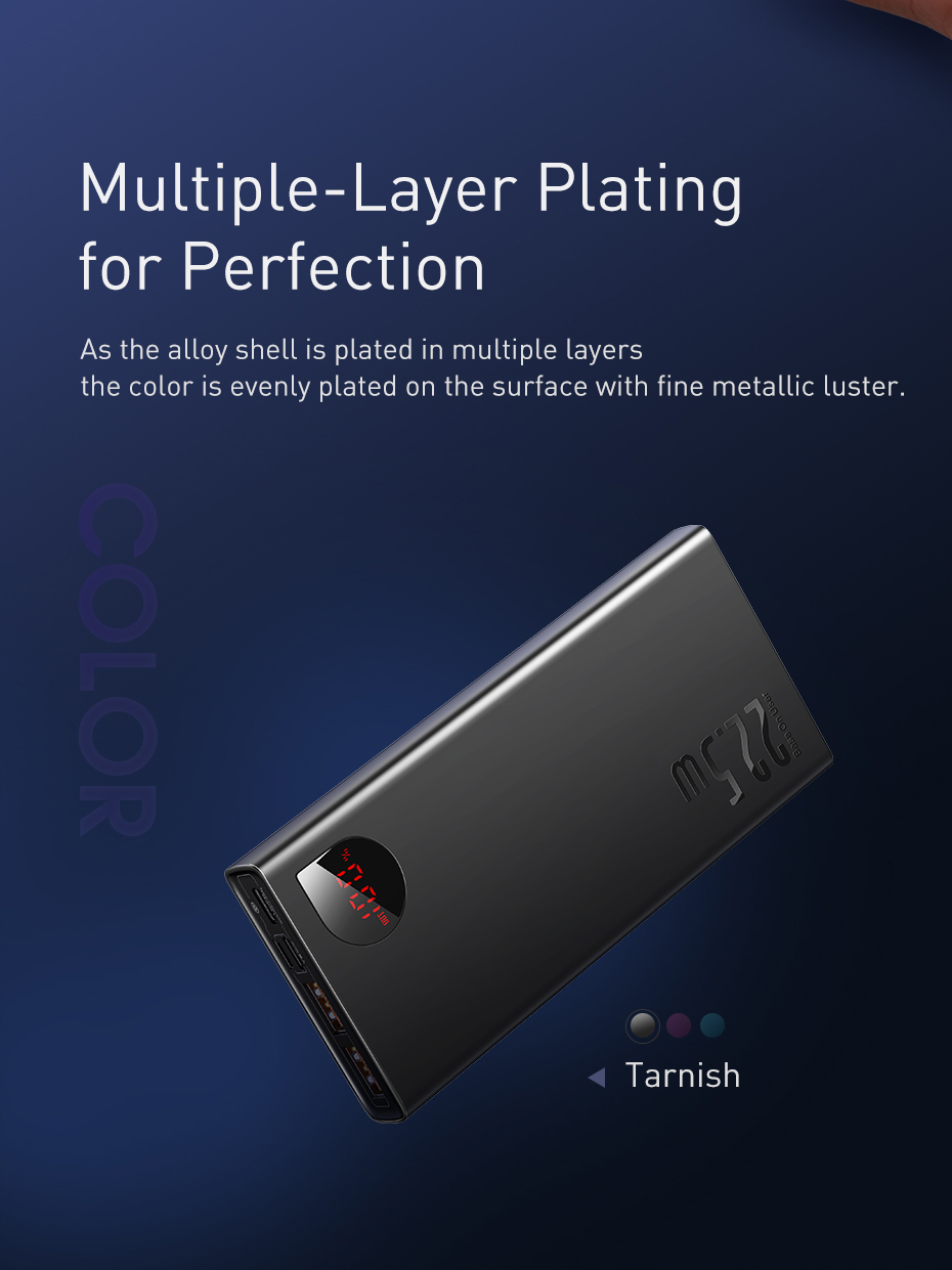 Повербанк металевий 22.5W 10000 mAH Baseus Adaman Metal Powerbank 2xUSB ⁇ 1xType-C Black PPADM10S Li-Pol Черный Металл Универсальная батарея Индикатор уровня заряда Lighting micro USB