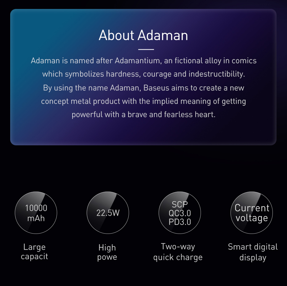 mAH Baseus Adaman Metal Powerbank 2xUSB ⁇ 1xType-C Black PPADM10S Li-Pol Черный Металл Универсальная батарея Индикатор уровня заряда Lighting micro USB Type-C
