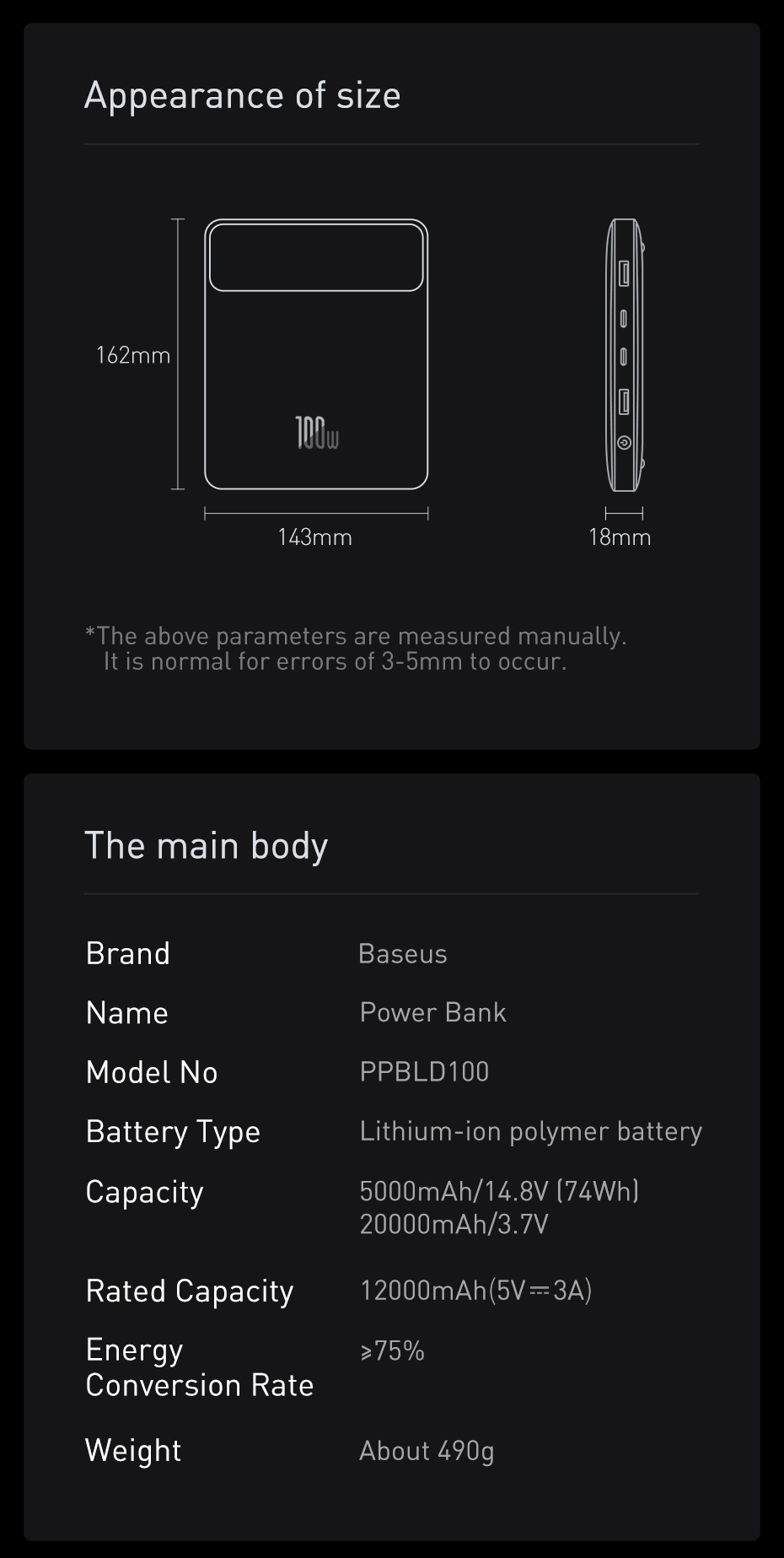 Мощный повербанк 100W 5A Baseus Blade Ultra-Thin 20000mAh 2xUSB+2xType-C QC3.0 Li-Pol Черный