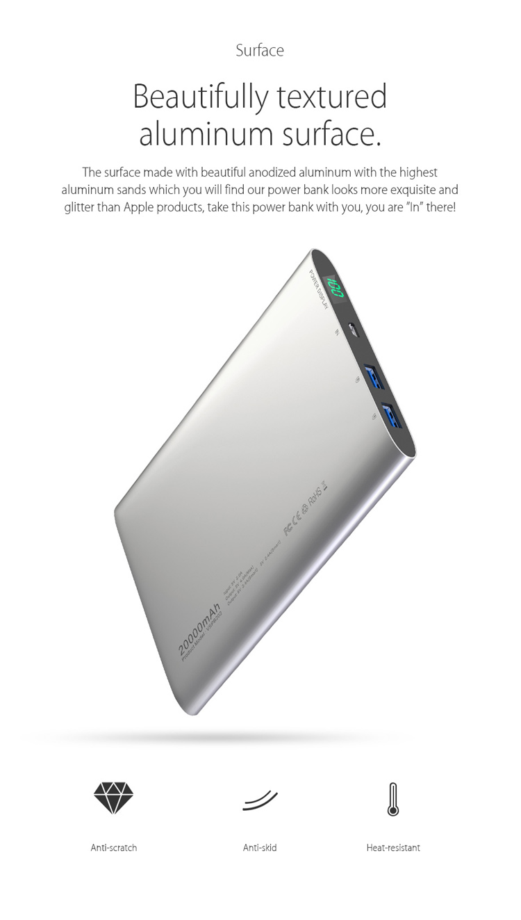 VINSIC 20000mAh Dual USB Portable External Battery Charger Power Bank for iPhone iPad Samsung Huawei - Silver Color-3