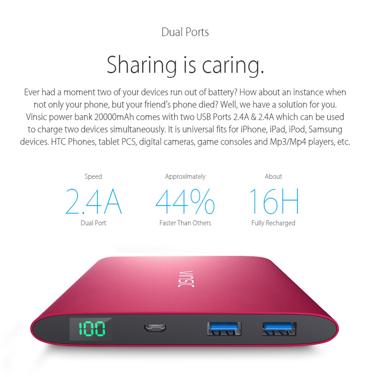 VINSIC 20000mAh Portable Dual USB Super Thin Power Bank for iPhone iPad Samsung Huawei - Red-9