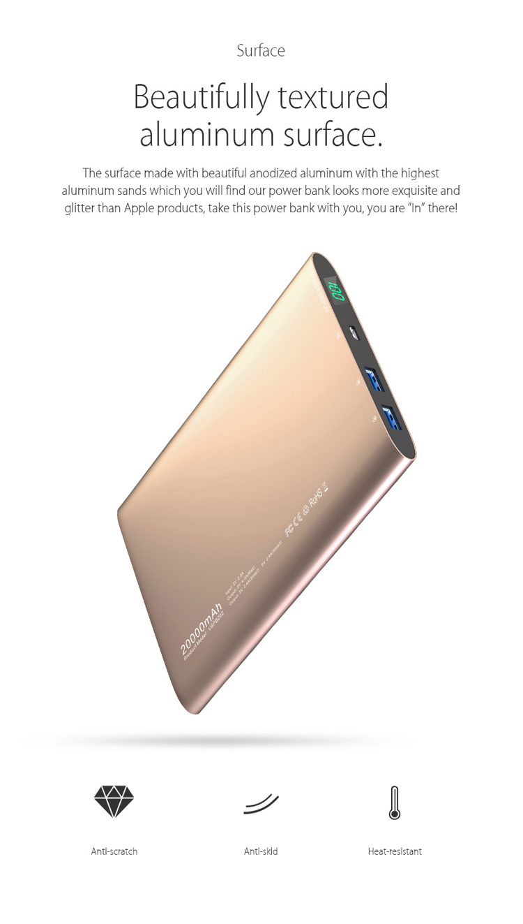VINSIC 20000mAh Dual USB Portable Super Thin External Power Bank for iPhone iPad Samsung Huawei - Gold Color-3