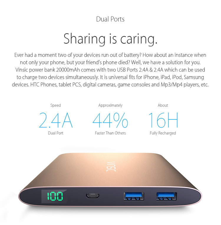 VINSIC 20000mAh Dual USB Portable Super Thin External Power Bank for iPhone iPad Samsung Huawei - Gold Color-9