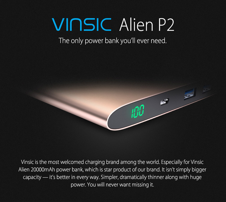 VINSIC 20000mAh Dual USB Portable Super Thin External Power Bank for iPhone iPad Samsung Huawei - Gold Color-1