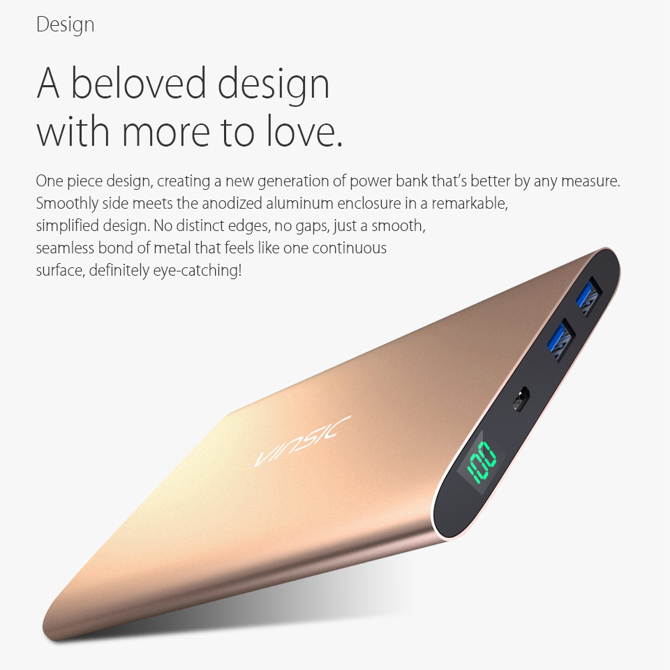 VINSIC 20000mAh Dual USB Portable Super Thin External Power Bank for iPhone iPad Samsung Huawei - Gold Color-2