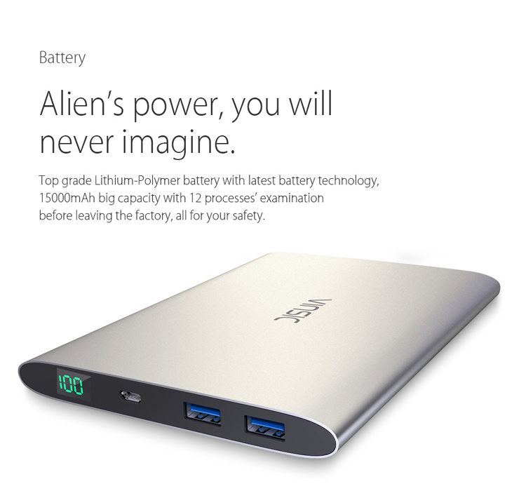 VINSIC 15000mAh Dual USB Super Slim External Power Bank for iPhone iPad Samsung Huawei - Silver Color-5