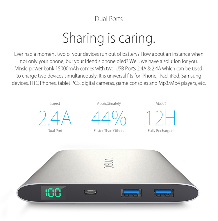 VINSIC 15000mAh Dual USB Super Slim External Power Bank for iPhone iPad Samsung Huawei - Silver Color-9