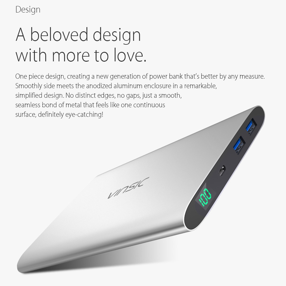 VINSIC 15000mAh Dual USB Super Slim External Power Bank for iPhone iPad Samsung Huawei - Silver Color-2