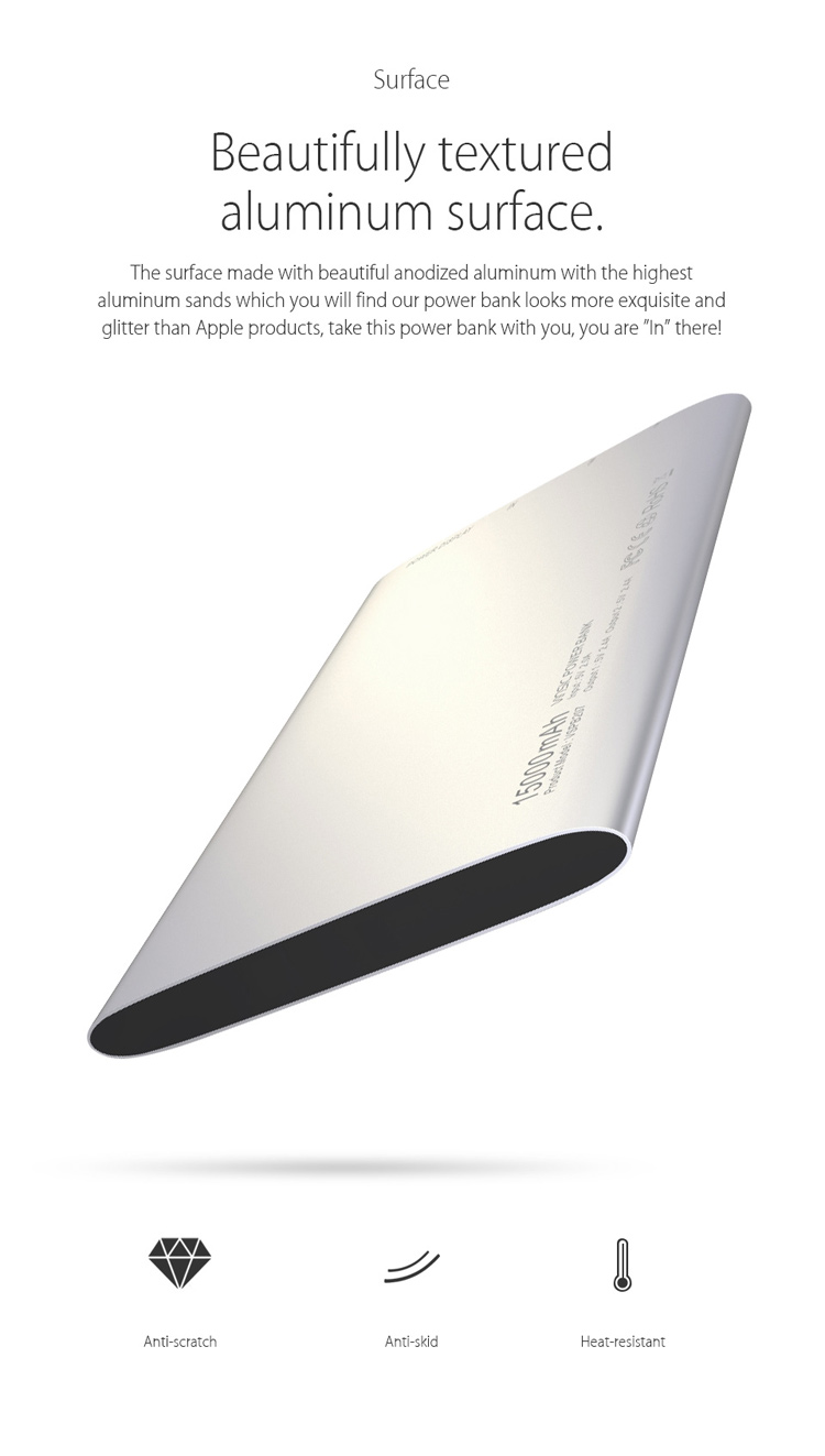 VINSIC 15000mAh Dual USB Super Slim External Power Bank for iPhone iPad Samsung Huawei - Silver Color-3