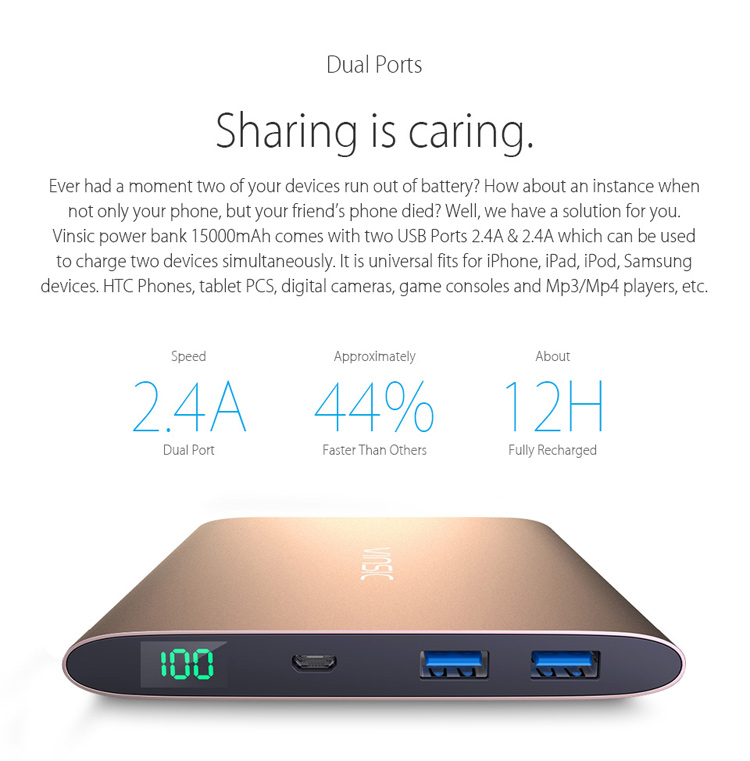 VINSIC 15000mAh Dual USB External Power Bank Battery Charger for iPhone iPad Samsung Huawei - Gold Color-9