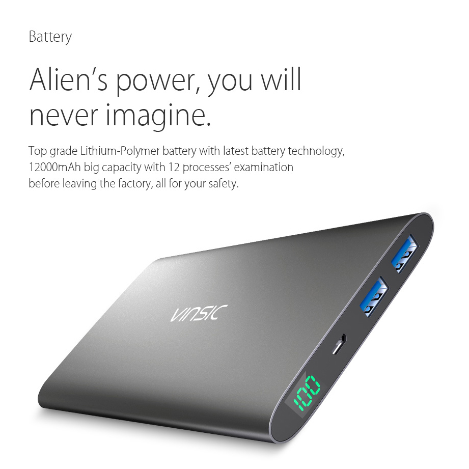VINSIC Alien P11 12000mAh Ultrathin Mobile Power Bank Dual USB for iPhone iPad Samsung - Black-5