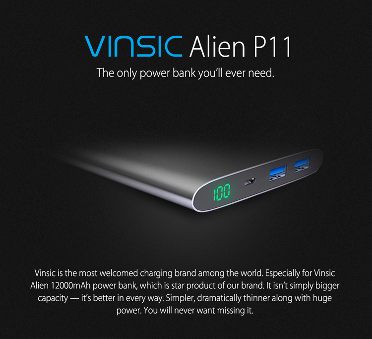VINSIC Alien P11 12000mAh Ultrathin Mobile Power Bank Dual USB for iPhone iPad Samsung - Black-1