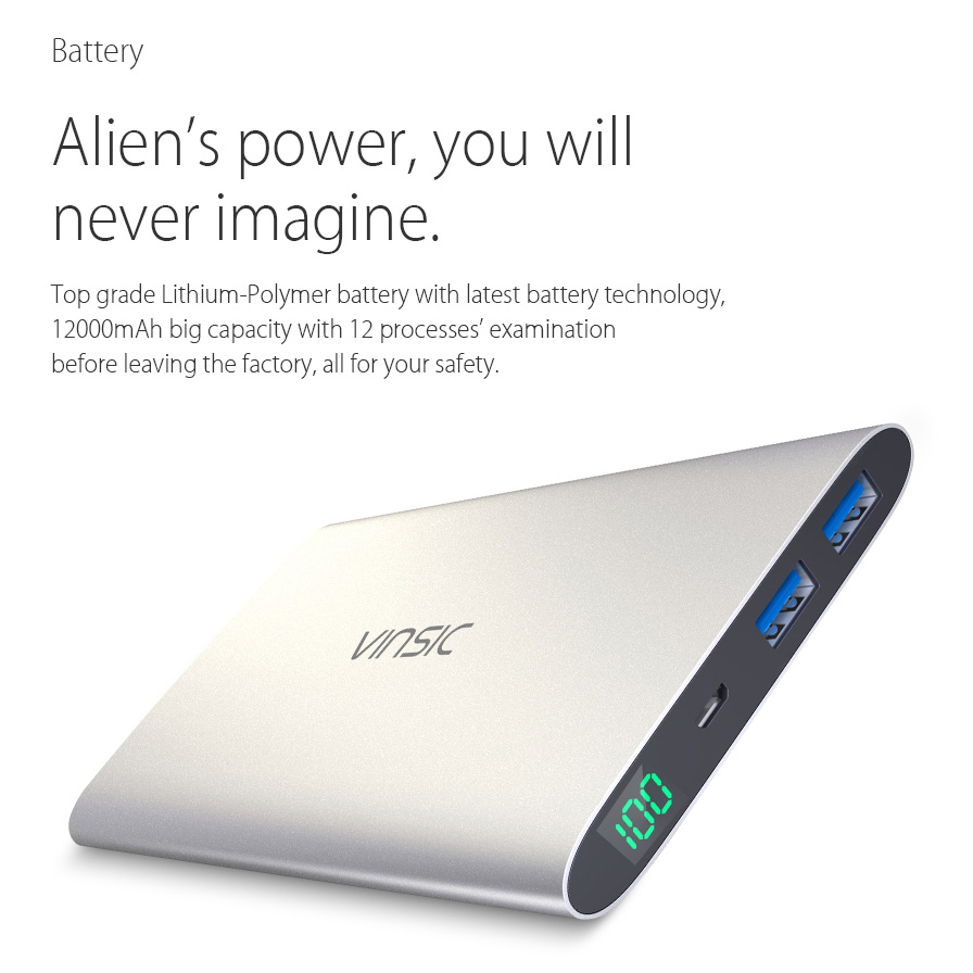 VINSIC Alien P11 Ultrathin Mobile Charger 12000mAh Dual USB for iPhone iPad Samsung - Silver Color-5