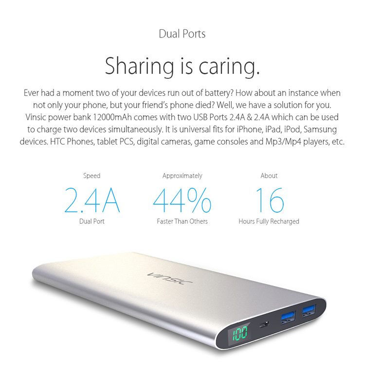 VINSIC Alien P11 Ultrathin Mobile Charger 12000mAh Dual USB for iPhone iPad Samsung - Silver Color-9