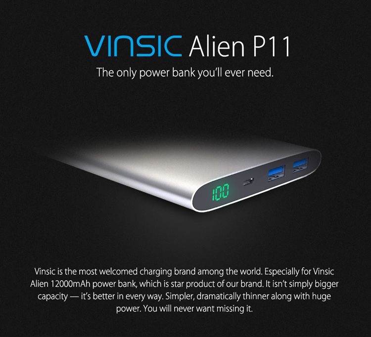 VINSIC Alien P11 Ultrathin Mobile Charger 12000mAh Dual USB for iPhone iPad Samsung - Silver Color-1