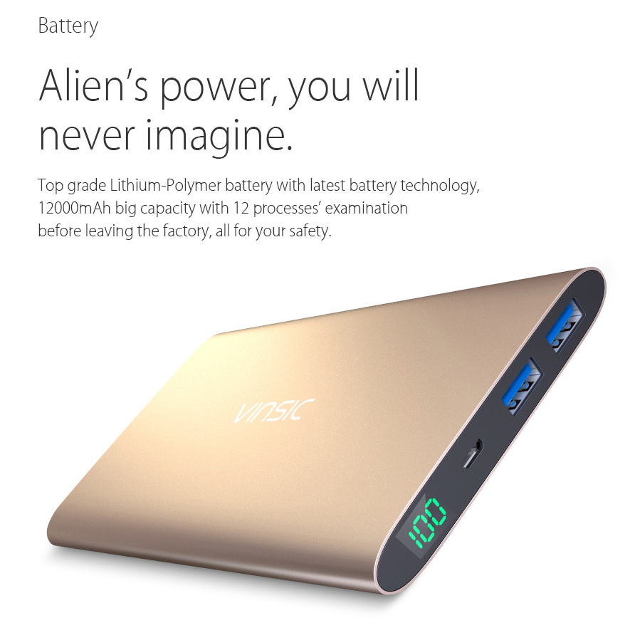 VINSIC Alien P11 12000mAh Dual USB Mobile Power Charger for iPhone iPad Samsung - Gold Color-5