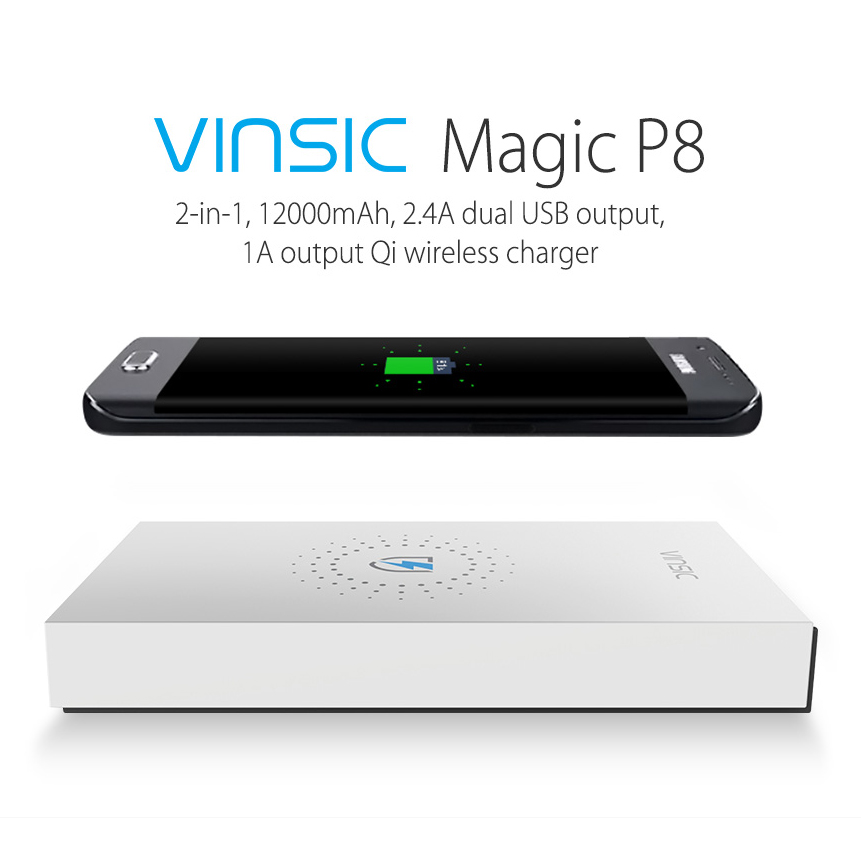 VINSIC Qi 12000mAh 2 USB Outputs Power Bank + Qi Wireless Charger 2-in-1-1