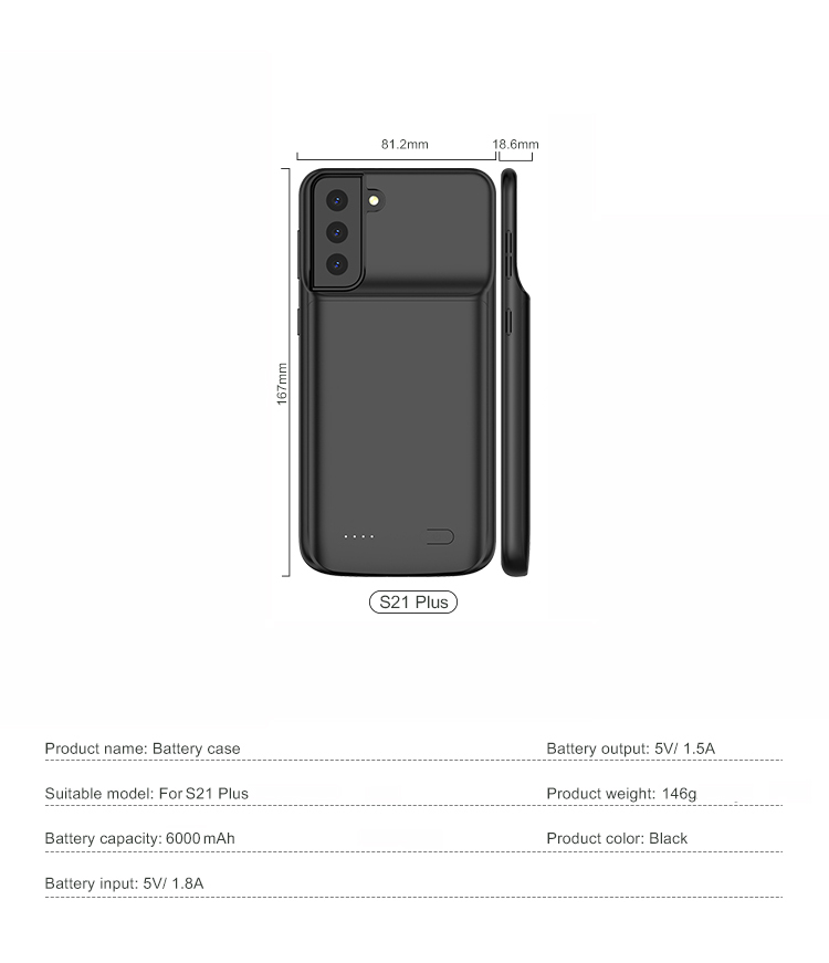 6000mAh Rechargeable Extended Battery Charger Case for Samsung Galaxy S21+ with TPU Frame