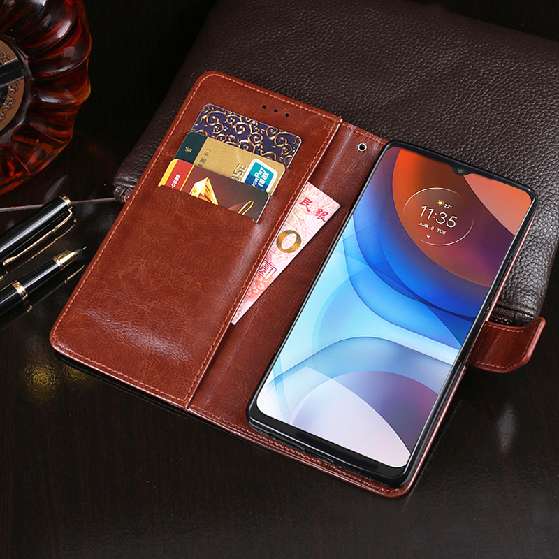 IDEWEI Wallet Design Folio Flip Crazy Horse Textur Leder Mobile Case Für Motorola Moto E7 Power/Moto E7i Power - Schwarz