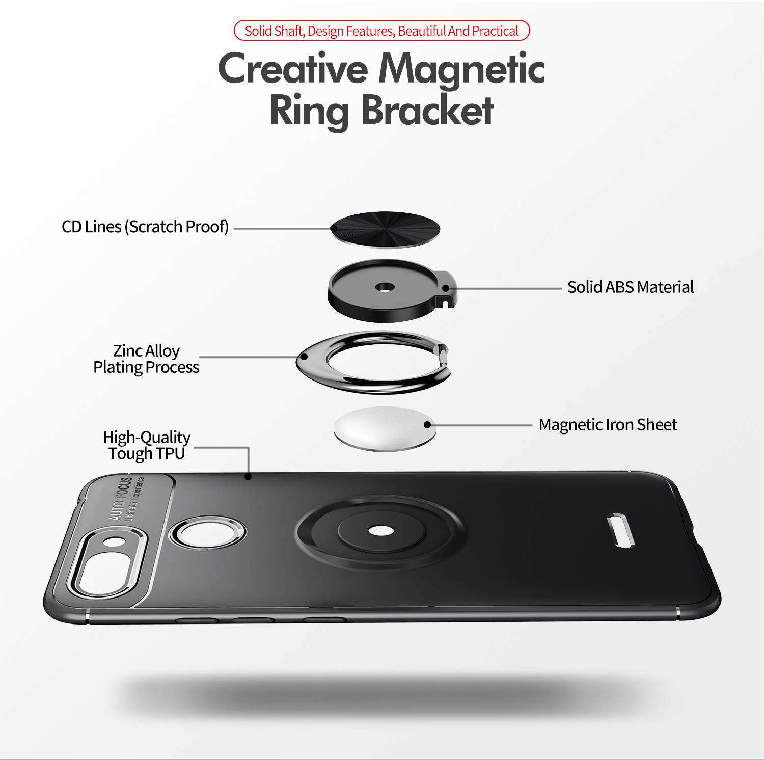 Tampa de TPU de Kickstand Ring Tow Para Xiaomi Redmi 6 (câmera Dupla: 12mp+5mp) (folha de Metal Embutida) - Preto / Vermelho