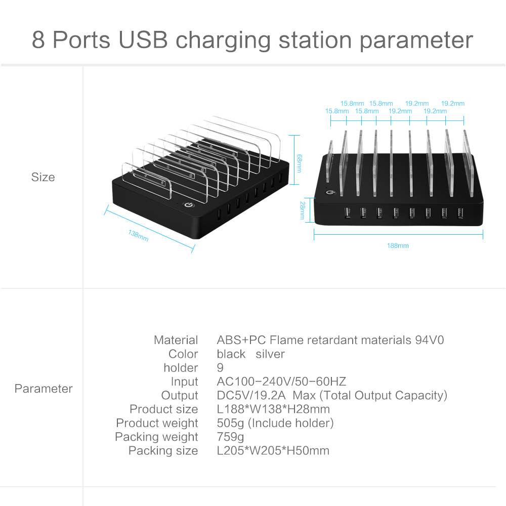 8 Port USB 2.4A 96W Desktop Rapid Charge Charging Station Dock Intelligent Smart Charger with Bracket [CE/FCC/RoHS Certified] - Silver Color / EU Plug