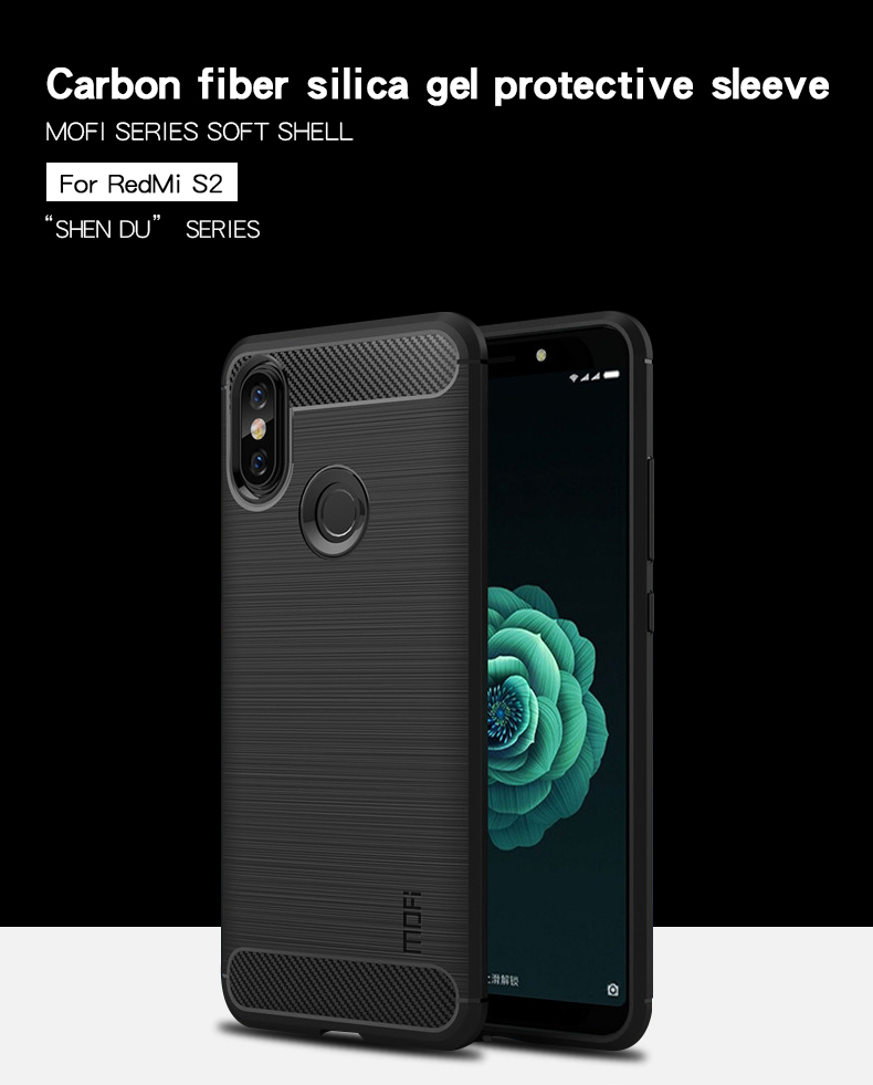 Textura de Fibra de Carbono Mofi Capa Traseira Escovada Para Xiaomi Redmi S2 / Y2 - Preto