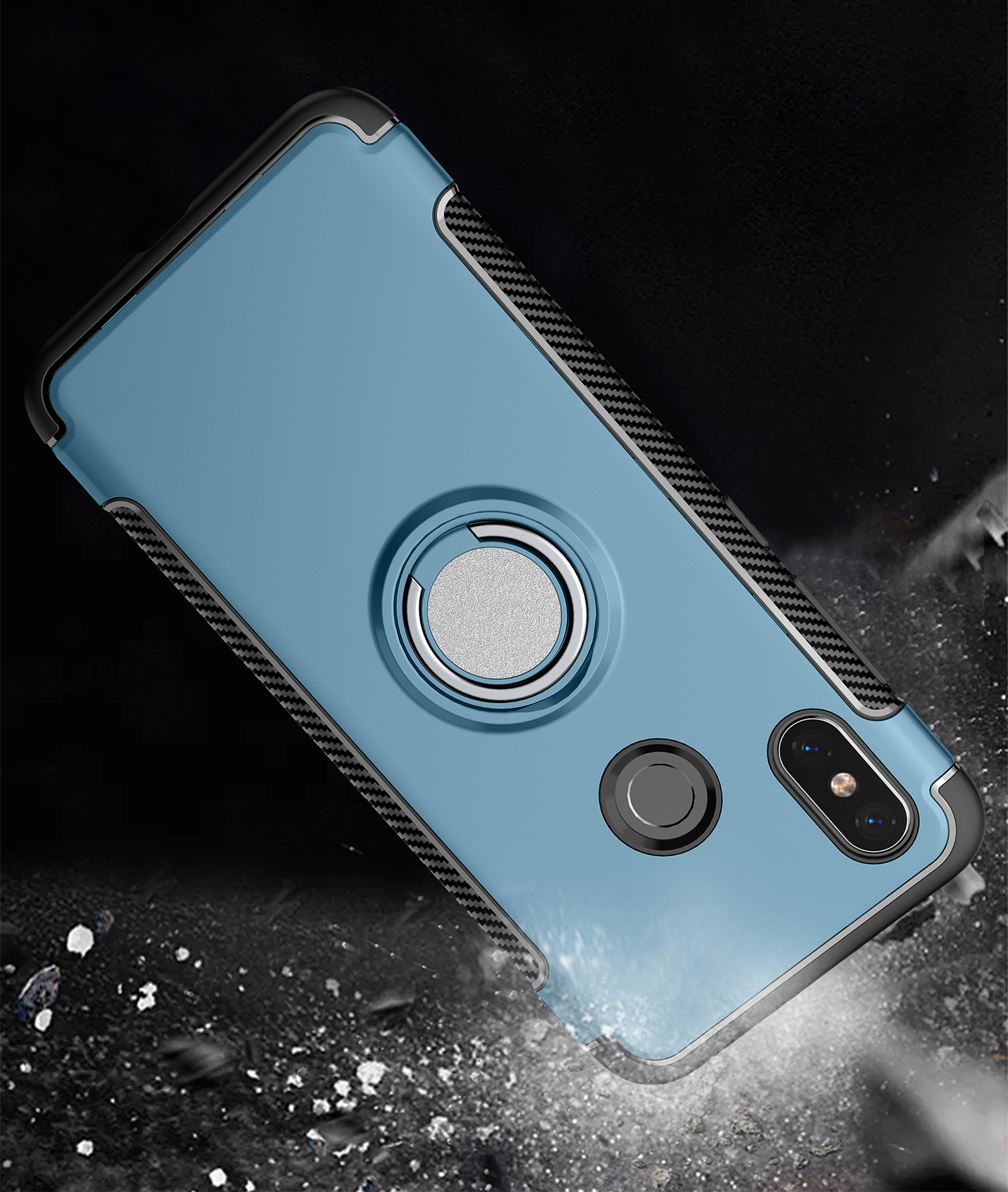 Texture de Fibre de Carbone TPU + PC Combo Cellule de Téléphone Portable Accessoire Avec Porte-bague Magnétique Pour Xiaomi Mi 8 (6,21 Pouces) - Bébé Bleu