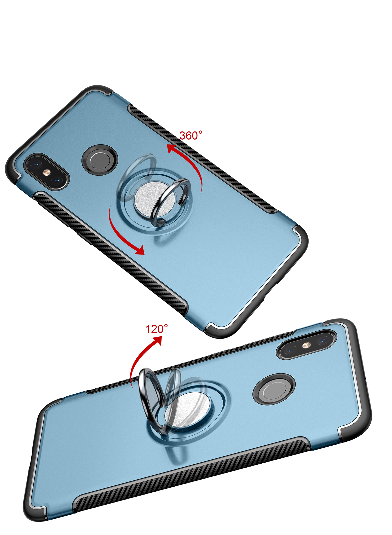 Textura de Fibra de Carbono TPU + PC Combo Combar Cubierta Accesorio Con Soporte de Anillo Magnético Para Xiaomi mi 8 (6.21 Pulgadas) - Bebe Azul