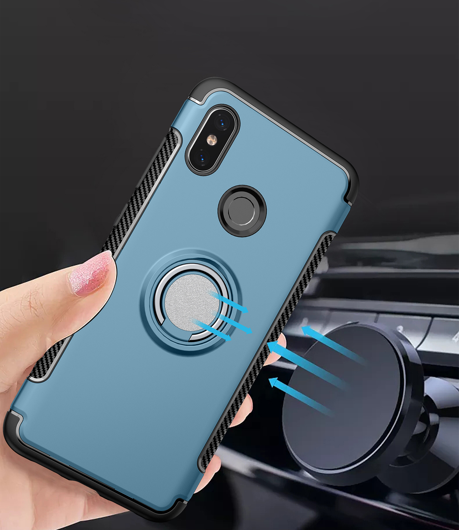 Textura de Fibra de Carbono TPU + PC Combo Combar Cubierta Accesorio Con Soporte de Anillo Magnético Para Xiaomi mi 8 (6.21 Pulgadas) - Bebe Azul