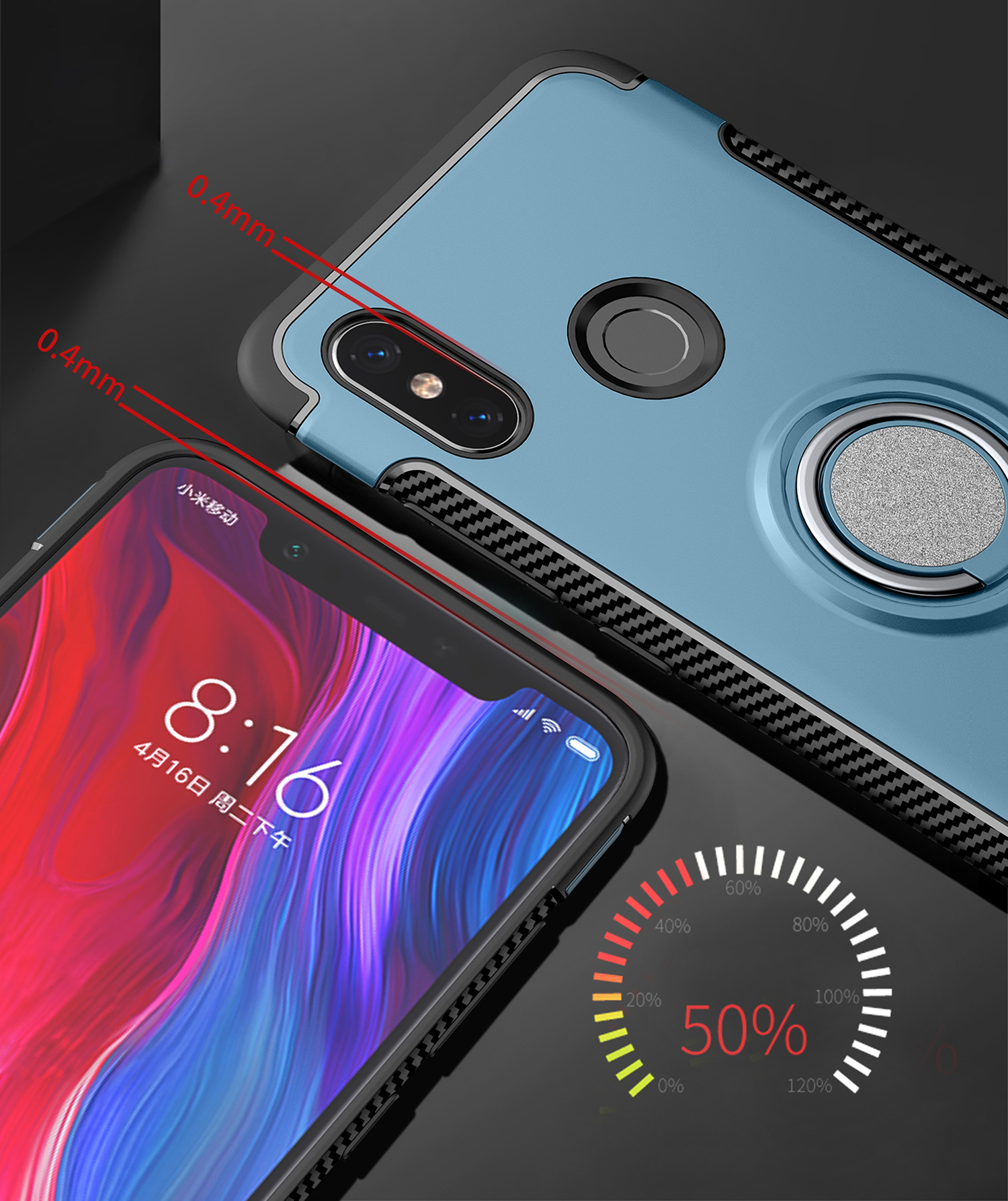 Kohlefaser Textur TPU + PC Combo-mobiltelefonabdeckung Zubehör Mit Magnetringhalter Für Xiaomi mi 8 (6,21 Zoll) - Baby Blau