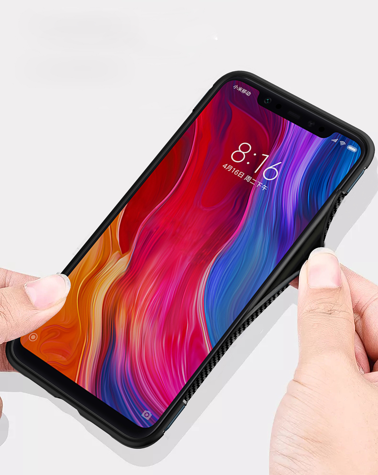 Kohlefaser Textur TPU + PC Combo-mobiltelefonabdeckung Zubehör Mit Magnetringhalter Für Xiaomi mi 8 (6,21 Zoll) - Baby Blau