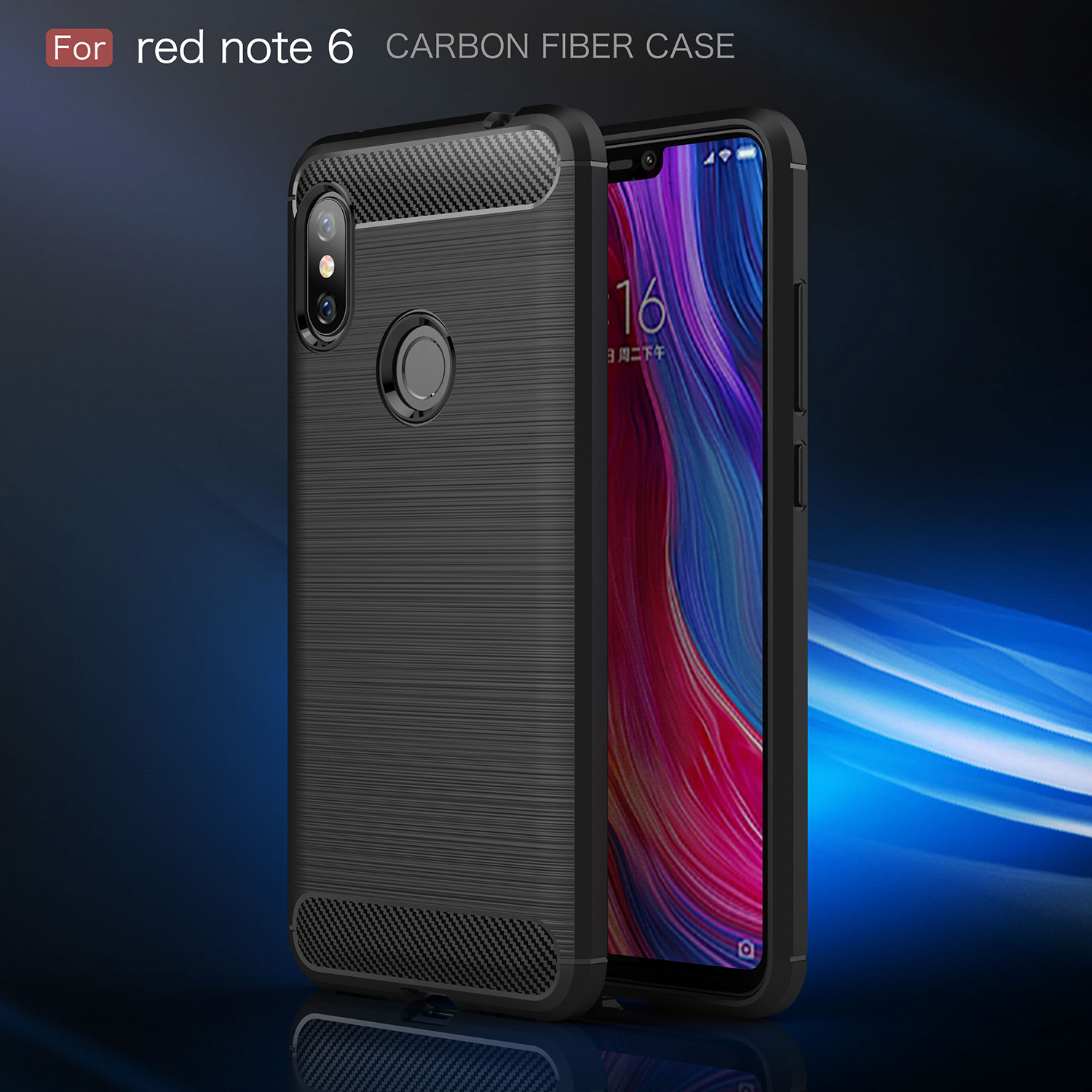 Textura de Fibra de Carbono Escova Capa de Celular TPU Para Xiaomi Redmi Note 6 Pro - Preto