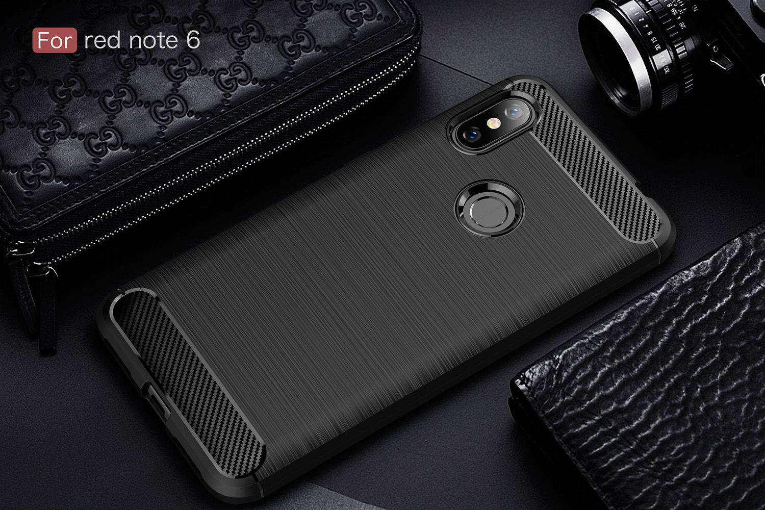 Textura de Fibra de Carbono Escova Capa de Celular TPU Para Xiaomi Redmi Note 6 Pro - Preto