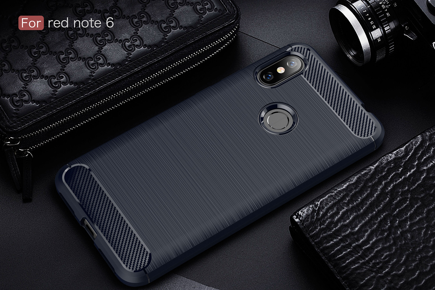 Textura de Fibra de Carbono Escova Capa de Celular TPU Para Xiaomi Redmi Note 6 Pro - Preto