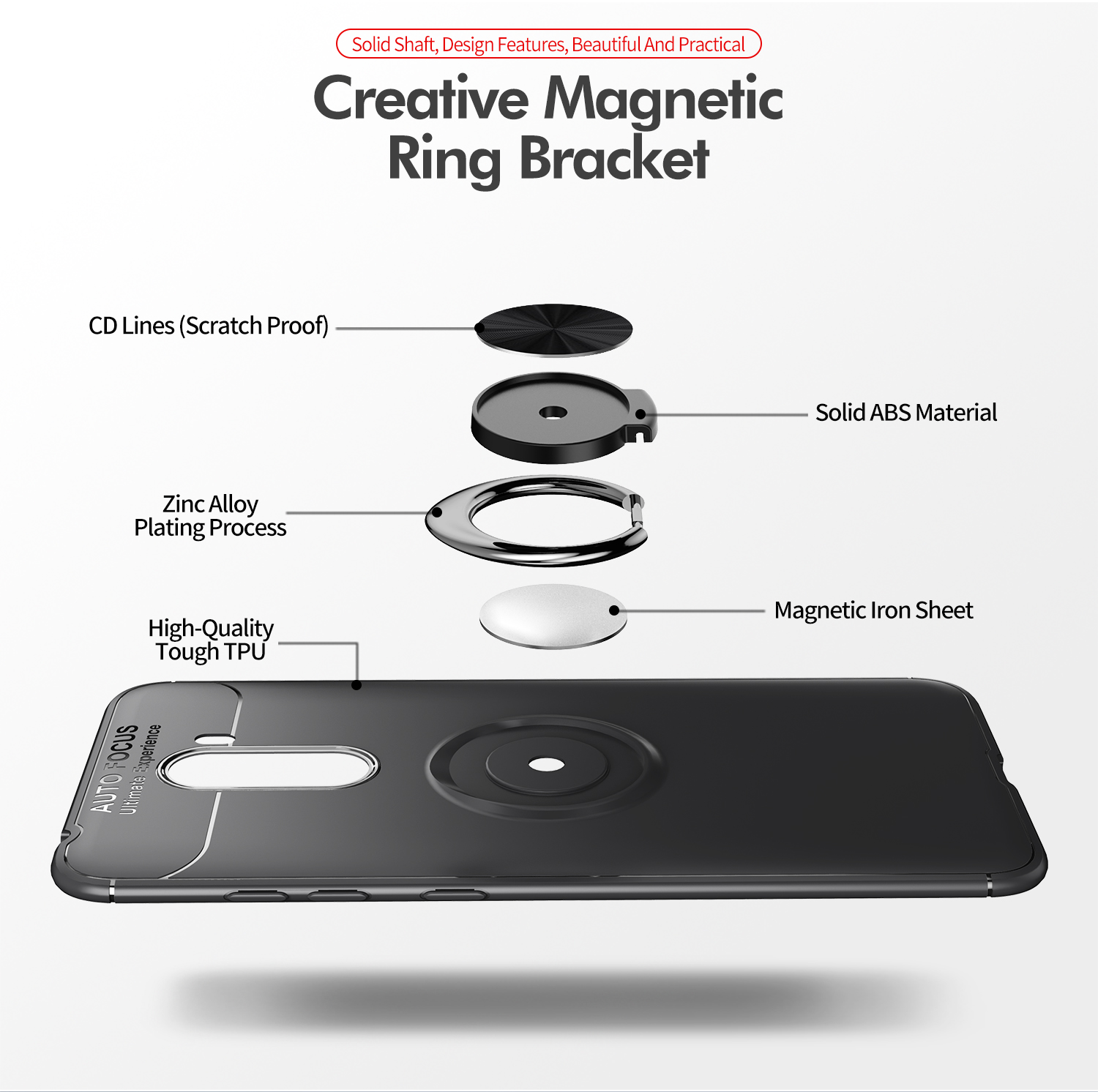 Custodia Per Telefono TPU Dell'anello di Dito Per Xiaomi Pocophone F1 / Poco F1 (India) (tela in Metallo Magnetico Incorporato) - Nero