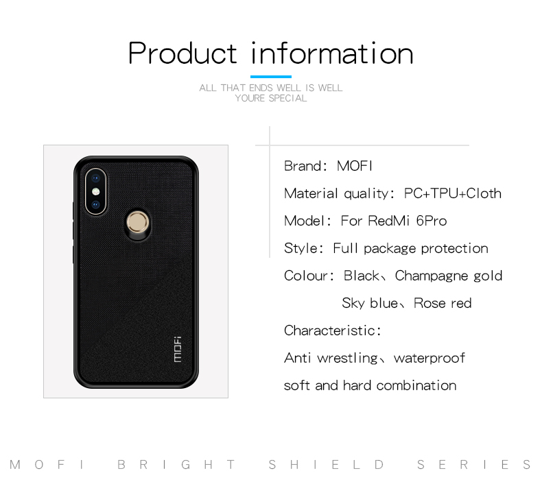 MOFI Bright Shield II Custodia Ibrida Per PC TPU Rivestita in Tessuto a Due Colori Per Xiaomi Mi A2 Lite/Redmi 6 Pro - Tutto Nero